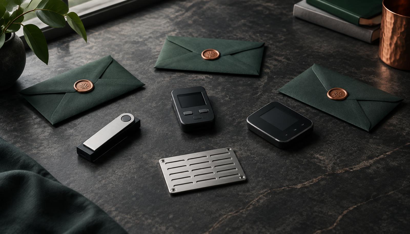 Three separate signing devices and backup envelopes representing distributed Bitcoin custody